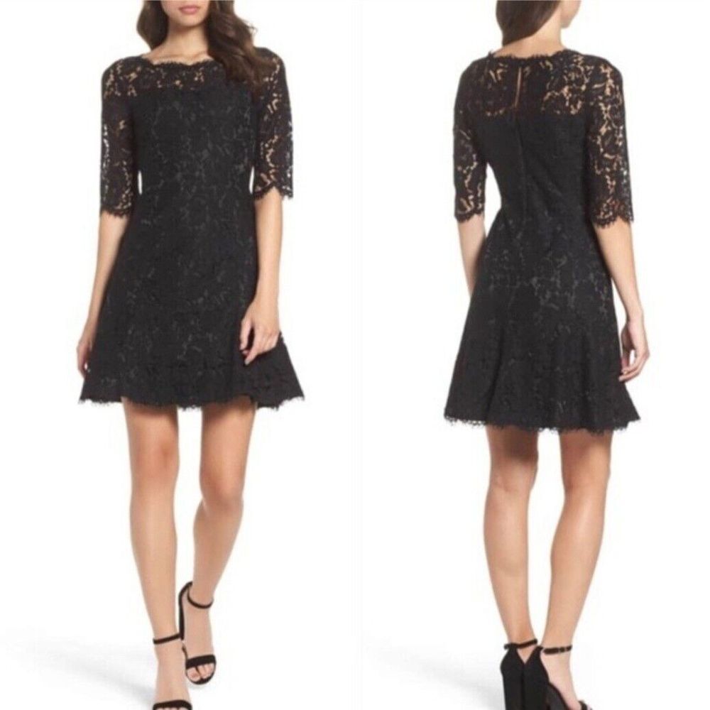 Eliza J Womens 8 Black Lace Scalloped Hem Half Sleeve Fit & Flare Cocktail Dress